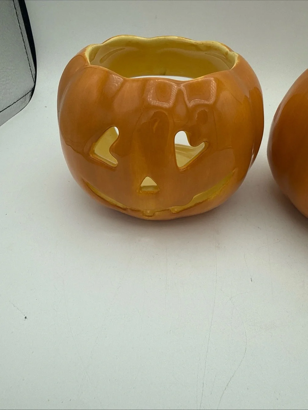 Williams Sonoma Ceramic Pumpkin Jack O Lantern tea light Candle Holders
